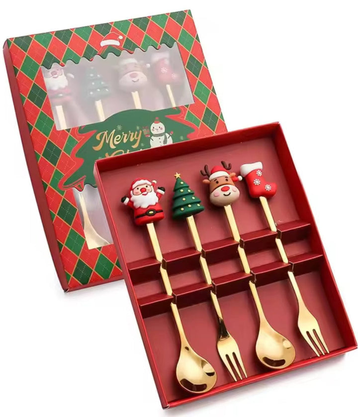 Christmas Cartoon Heads Spoons & Forks  - set 4 pieces