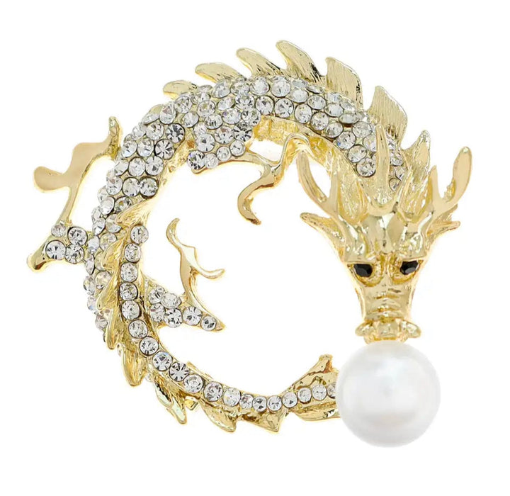 Gold Dragon Brooch Round - Gold & Pearl