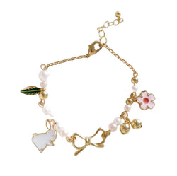 Bunny Gold Charm Bracelet - Pearls, Flowers & Leaves