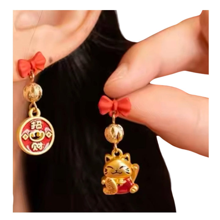 Lucky Cat  Earrings Red & Gold