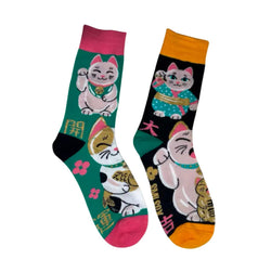 Lucky Cat Socks - Green, pink, orange & gold