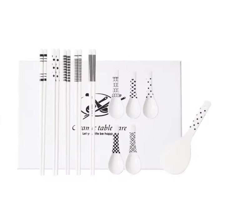 Set of 5 ceramic Soup Spoons & 5 ceramic Chopstickes & 1 Rice Spoon