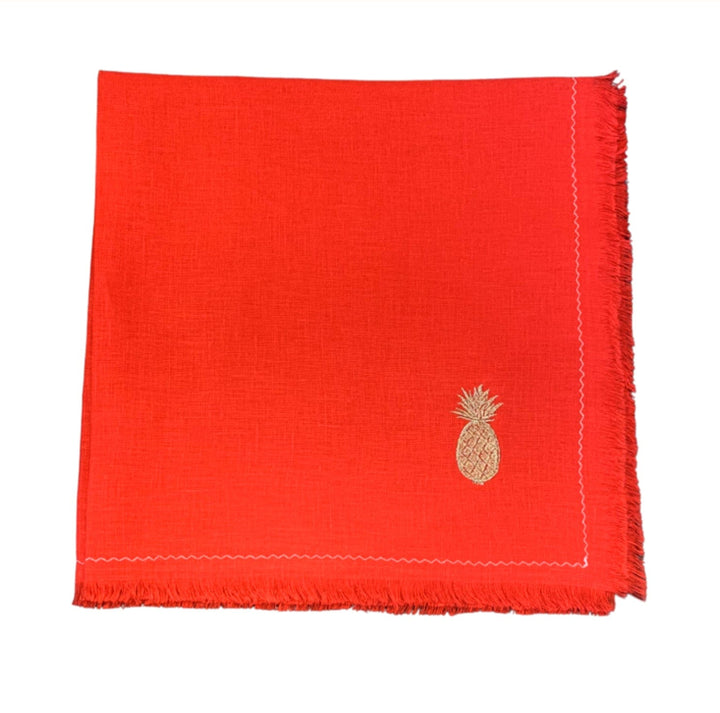 Linen Table Napkins Red - Embroidered Gold Pineapple
